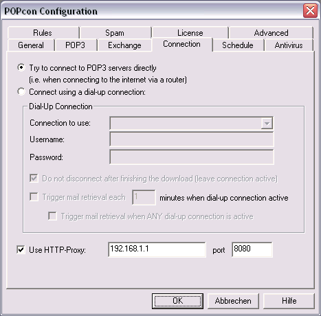 Screenshot of internet connection settings in POPcon