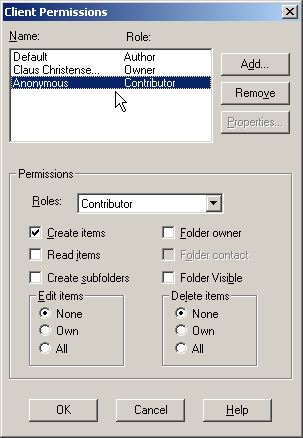 Screenshot: Client permissions of a mail-enabled public folder.